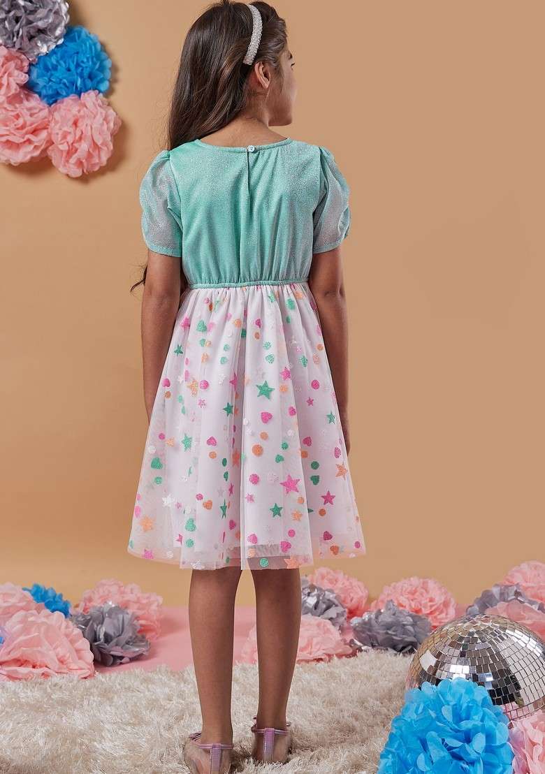 Multicolour Printed Shimmer And Net Dress - Indya