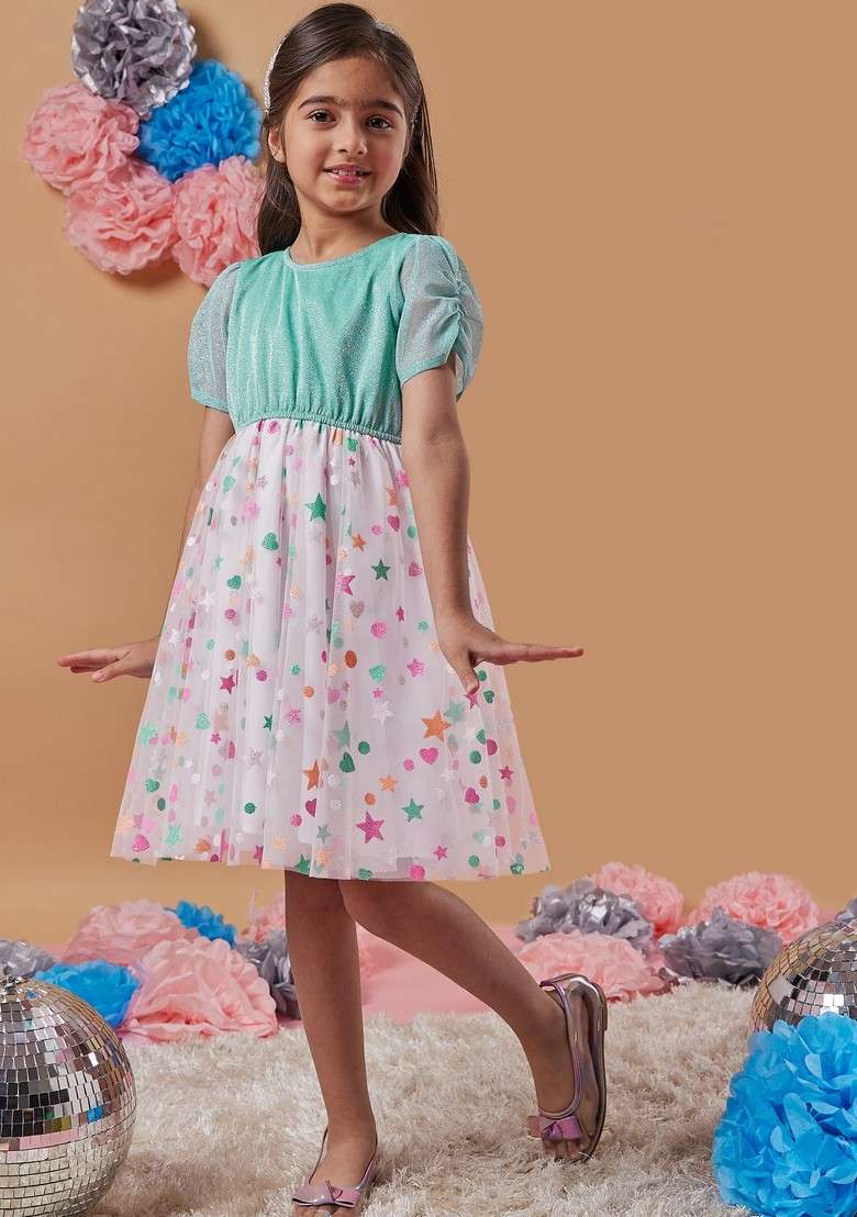 Multicolour Printed Shimmer And Net Dress - Indya