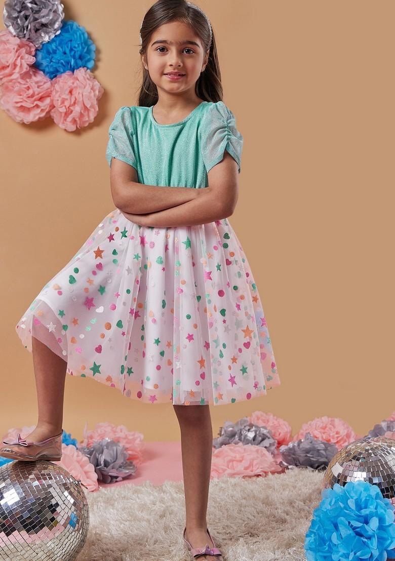 Multicolour Printed Shimmer And Net Dress - Indya