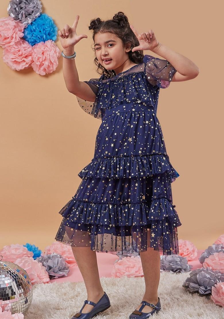 Navy Blue Printed Net Dress - Indya