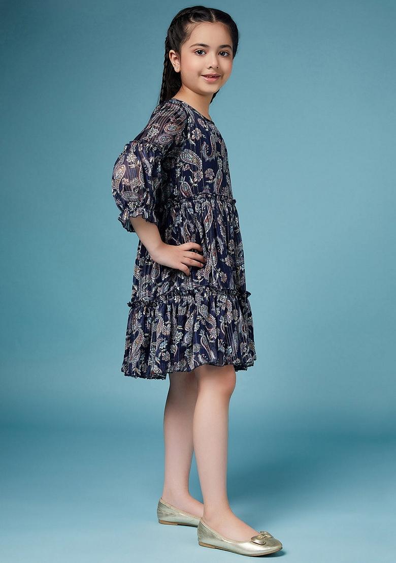 Navy Blue Printed Georgette Dress - Indya