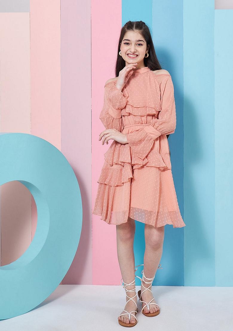 Peach Self Design Crepe And Chiffon Dress
