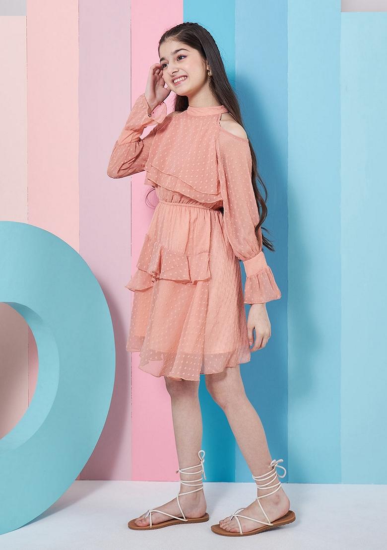 Peach Self Design Crepe And Chiffon Dress