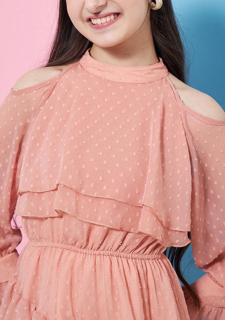 Peach Self Design Crepe And Chiffon Dress