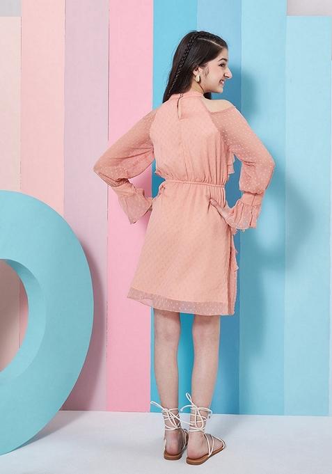 Peach Self Design Crepe And Chiffon Dress