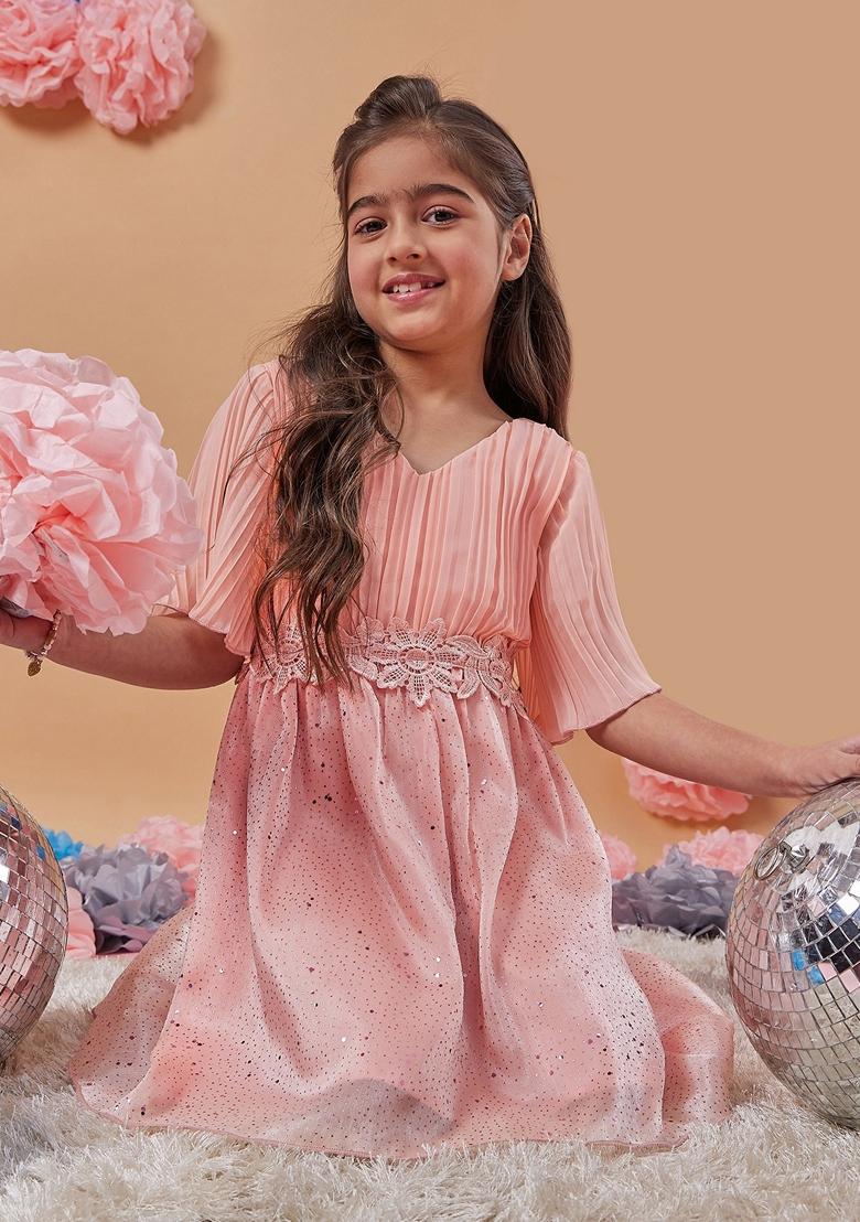 Peach Printed Georgette And Organza Dress