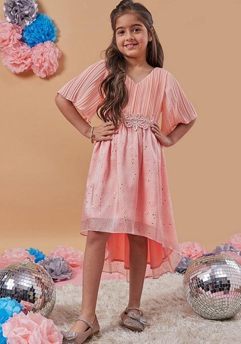 Peach Printed Georgette And Organza Dress