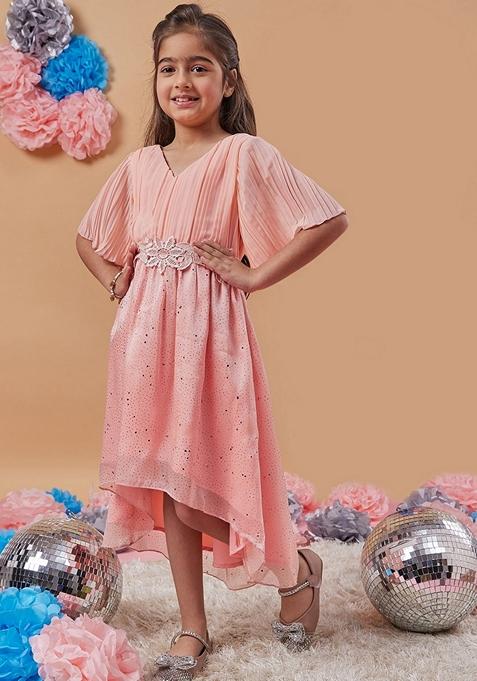 Peach Printed Georgette And Organza Dress