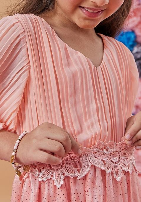 Peach Printed Georgette And Organza Dress