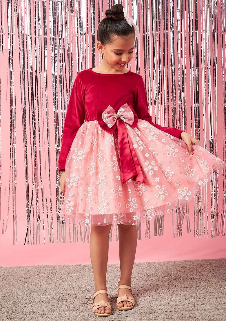 Peach Printed Net And Velvet Dress - Indya