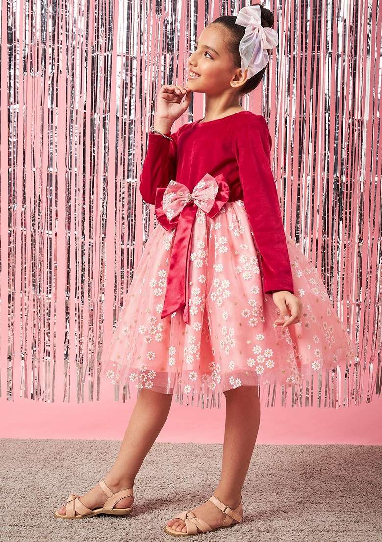 Peach Printed Net And Velvet Dress - Indya