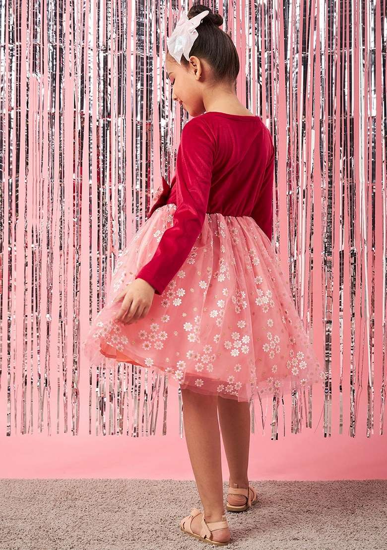 Peach Printed Net And Velvet Dress - Indya