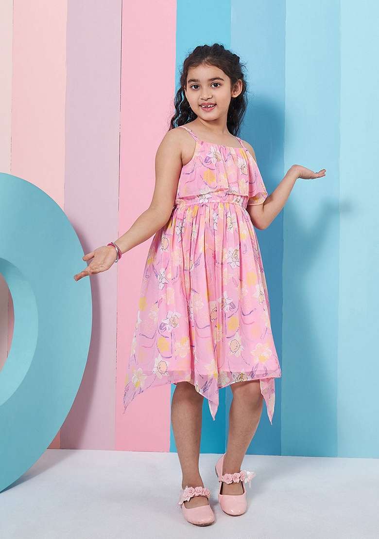 Pink Printed Chiffon Dress - Indya