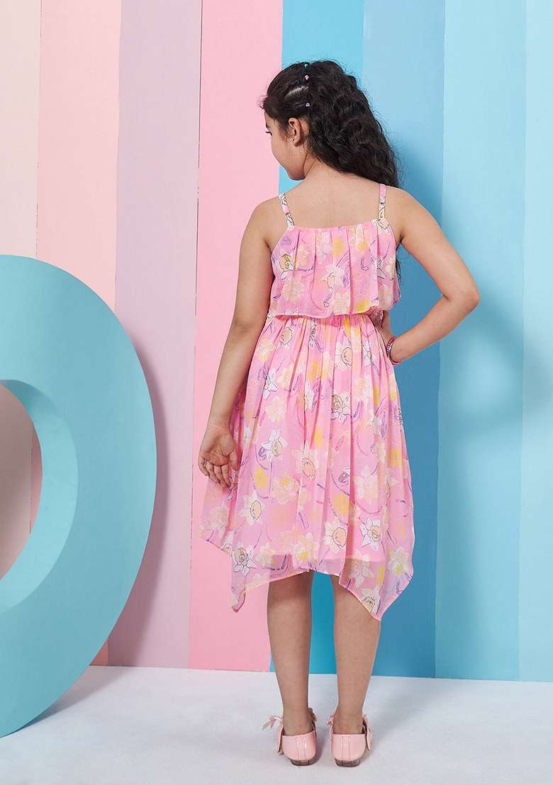 Pink Printed Chiffon Dress - Indya