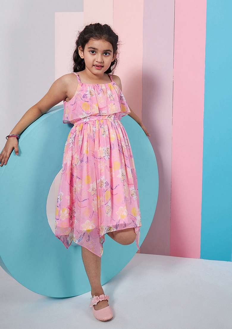 Pink Printed Chiffon Dress - Indya