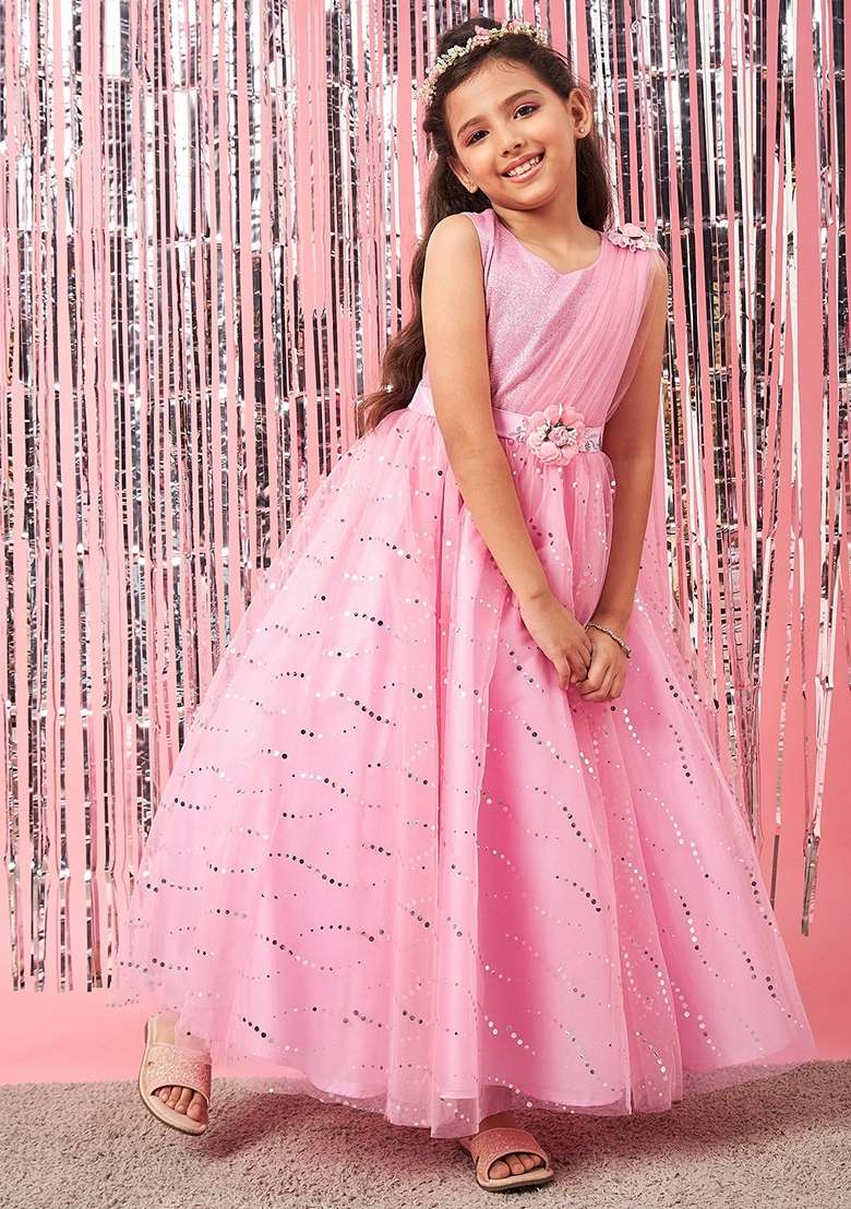 Pink Embellished Net Dress - Indya