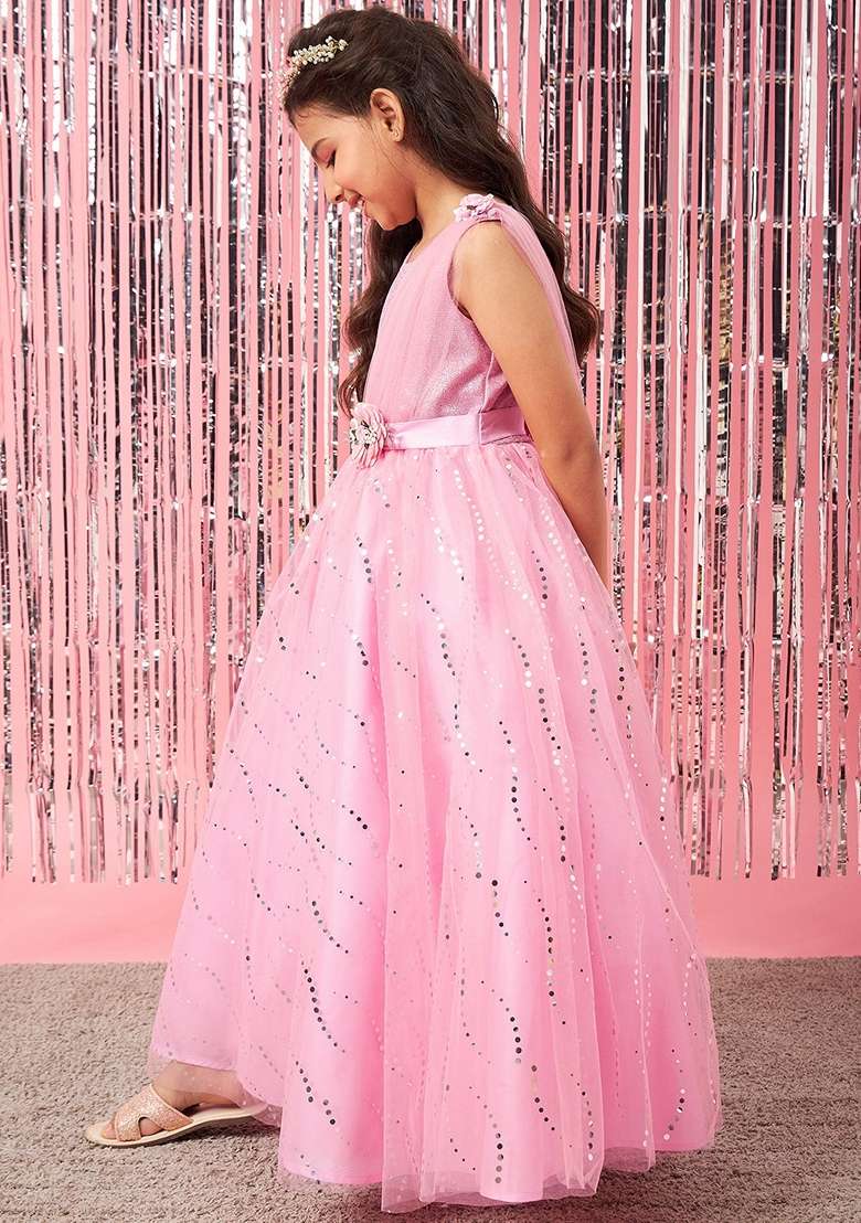 Pink Embellished Net Dress - Indya