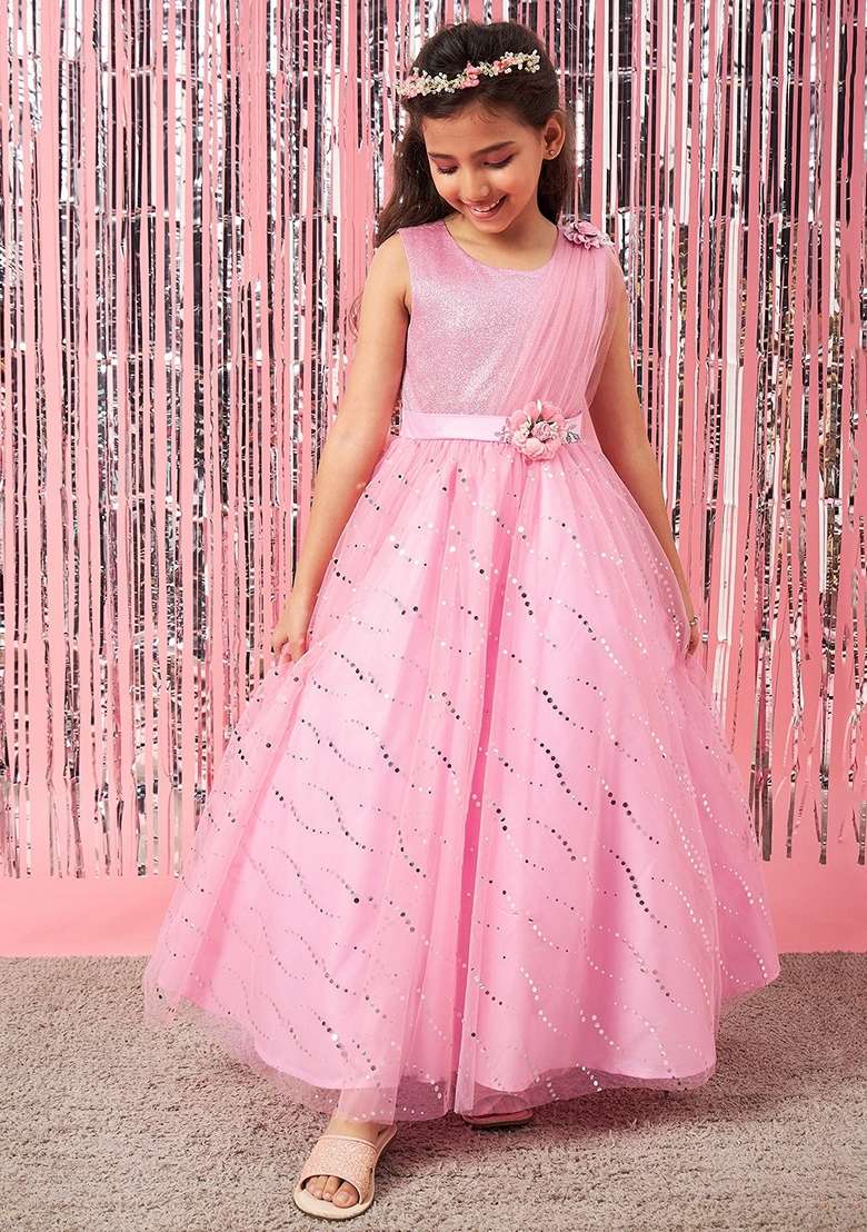 Pink Embellished Net Dress - Indya