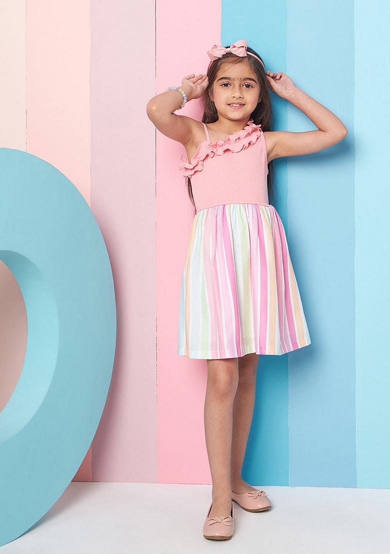 Pink Striped Wool And Poly Rayon Dress