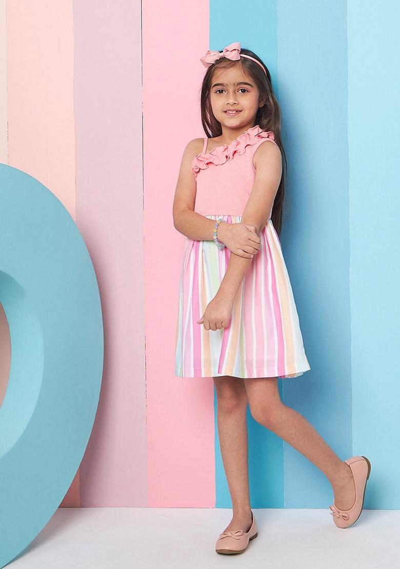 Pink Striped Wool And Poly Rayon Dress