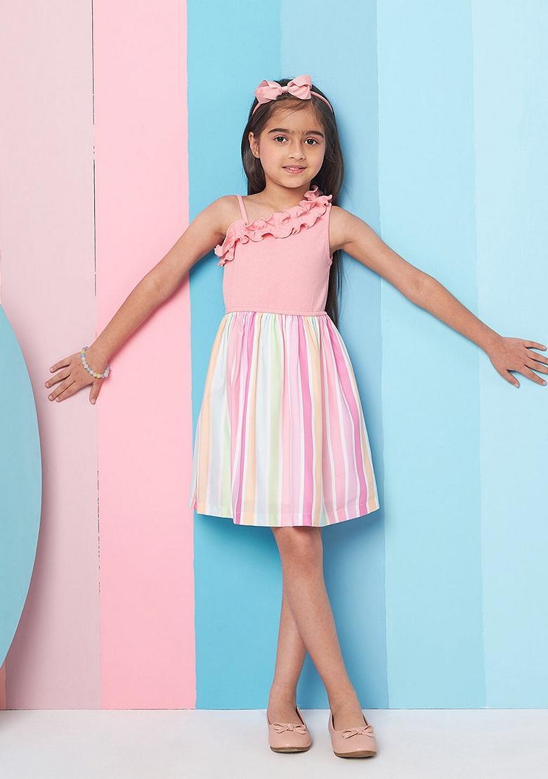 Pink Striped Wool And Poly Rayon Dress