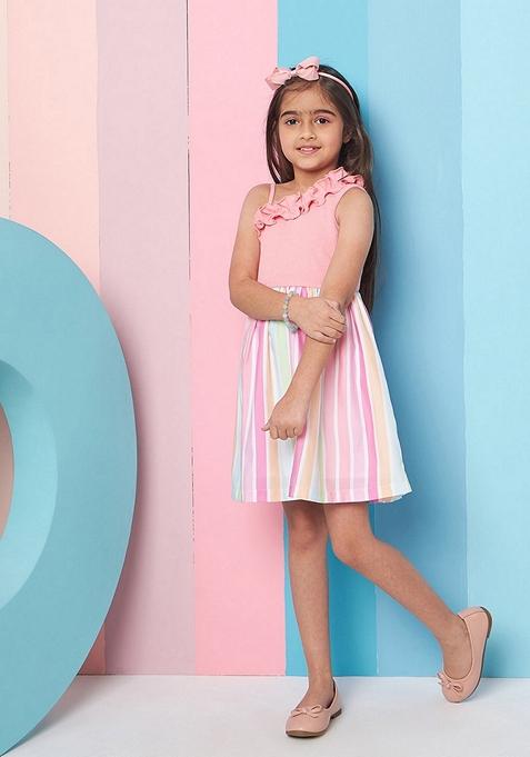 Pink Striped Wool And Poly Rayon Dress