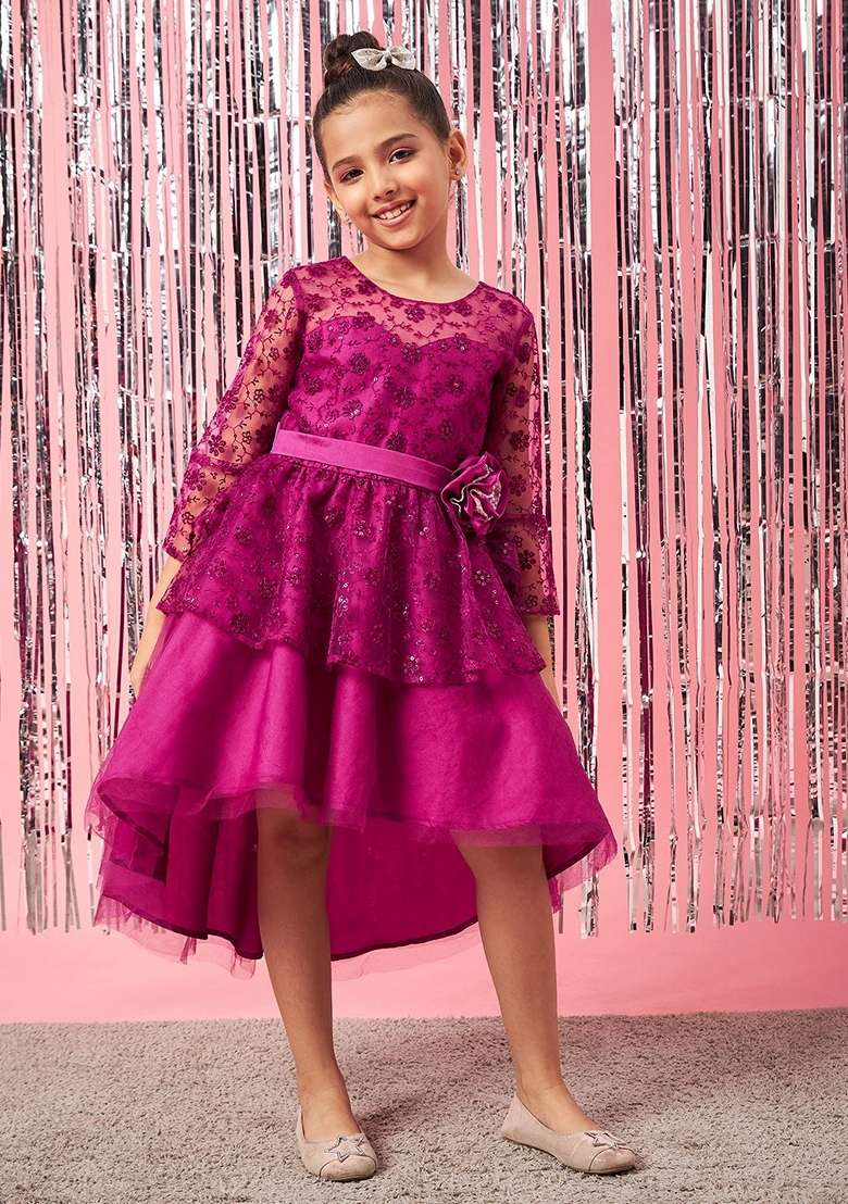 Purple Embroidered Net And Lace Dress - Indya