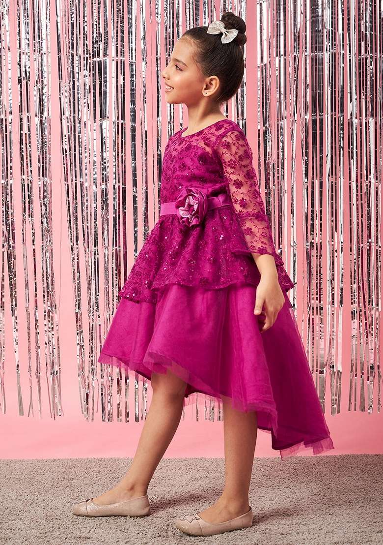 Purple Embroidered Net And Lace Dress - Indya