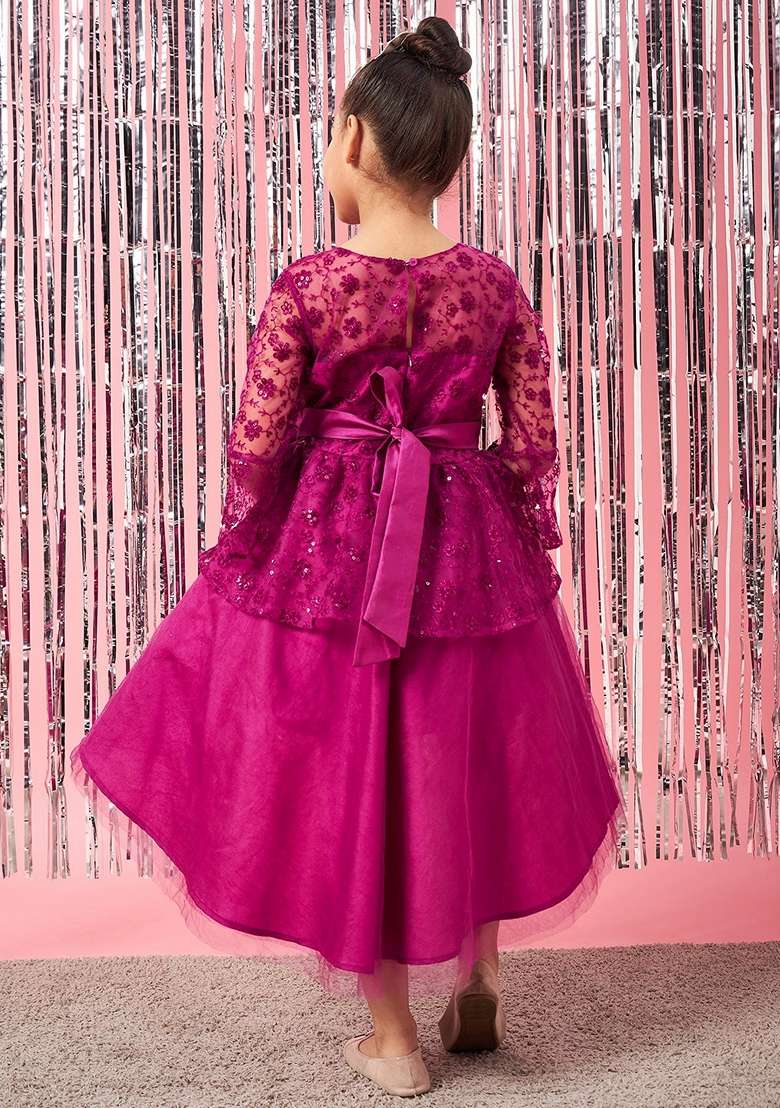 Purple Embroidered Net And Lace Dress - Indya