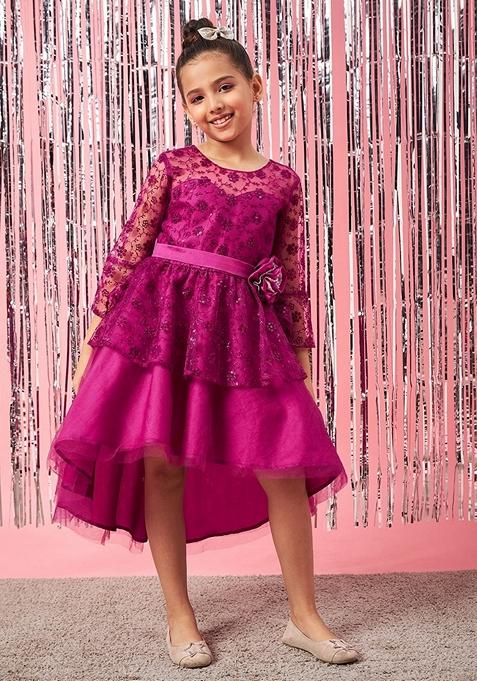 Purple Embroidered Net And Lace Dress