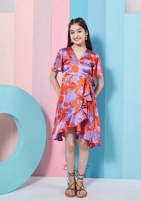 Purple Printed Satin Dress