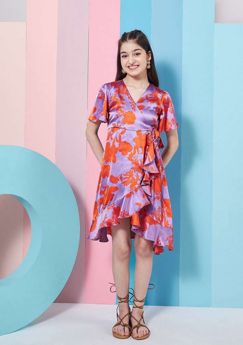 Purple Printed Satin Dress - Indya