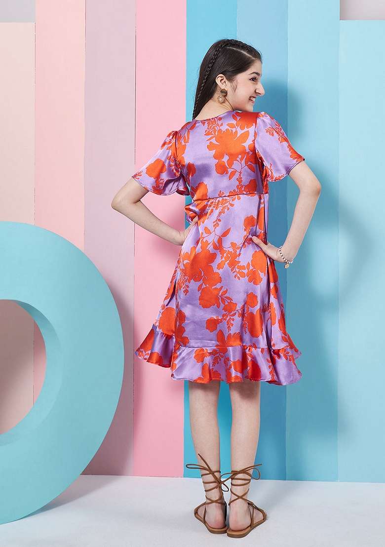 Purple Printed Satin Dress - Indya