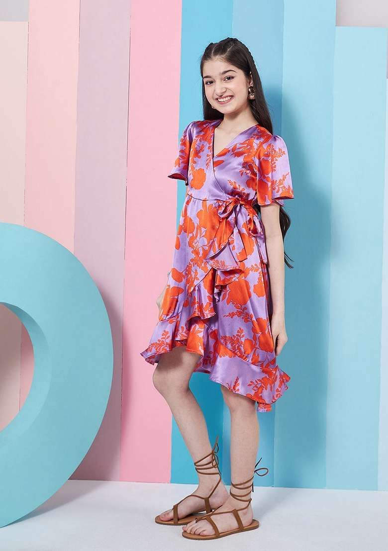 Purple Printed Satin Dress - Indya