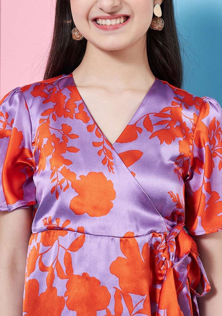 Purple Printed Satin Dress - Indya