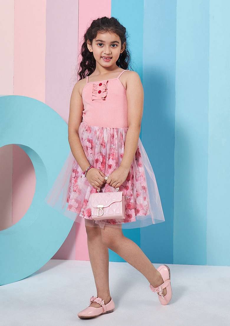 Pink Printed Wool And Poly Rayon Dress - Indya