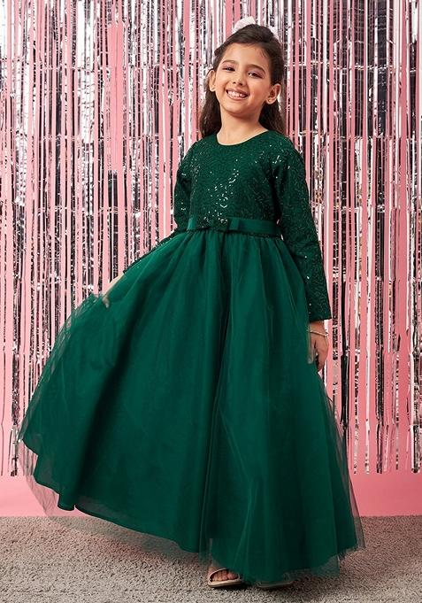 Green Embellished Net And Lace Dress