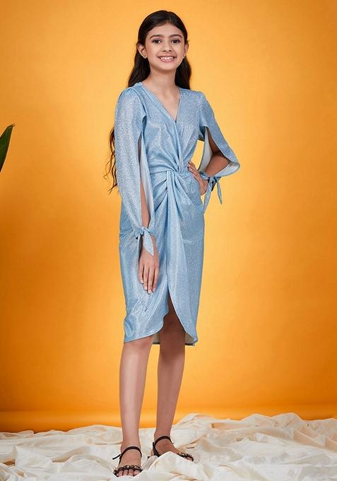 Turquoise Embellished Polyester Dress — view on Indya