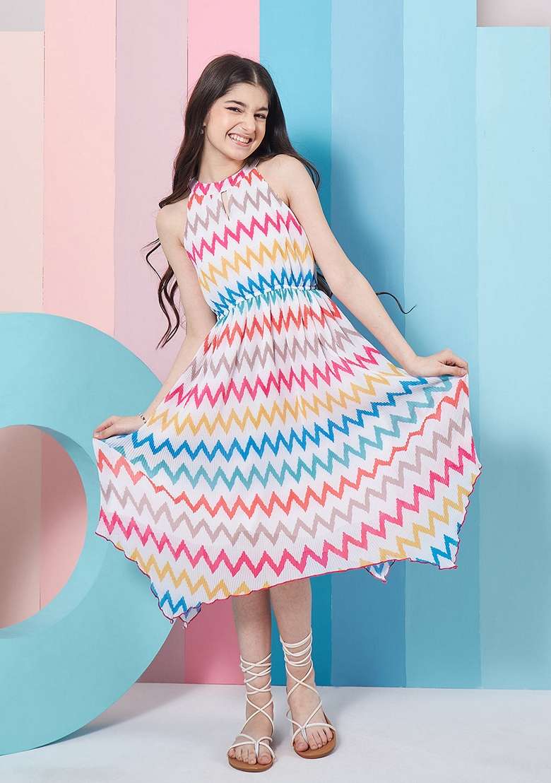 White Printed Georgette Dress - Indya