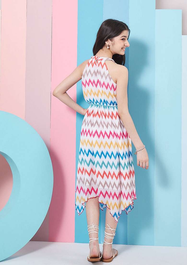 White Printed Georgette Dress - Indya