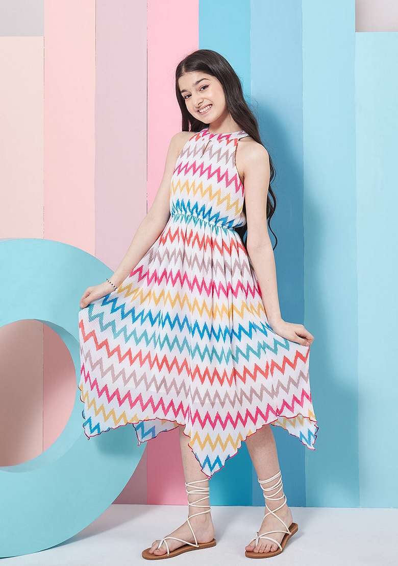 White Printed Georgette Dress - Indya