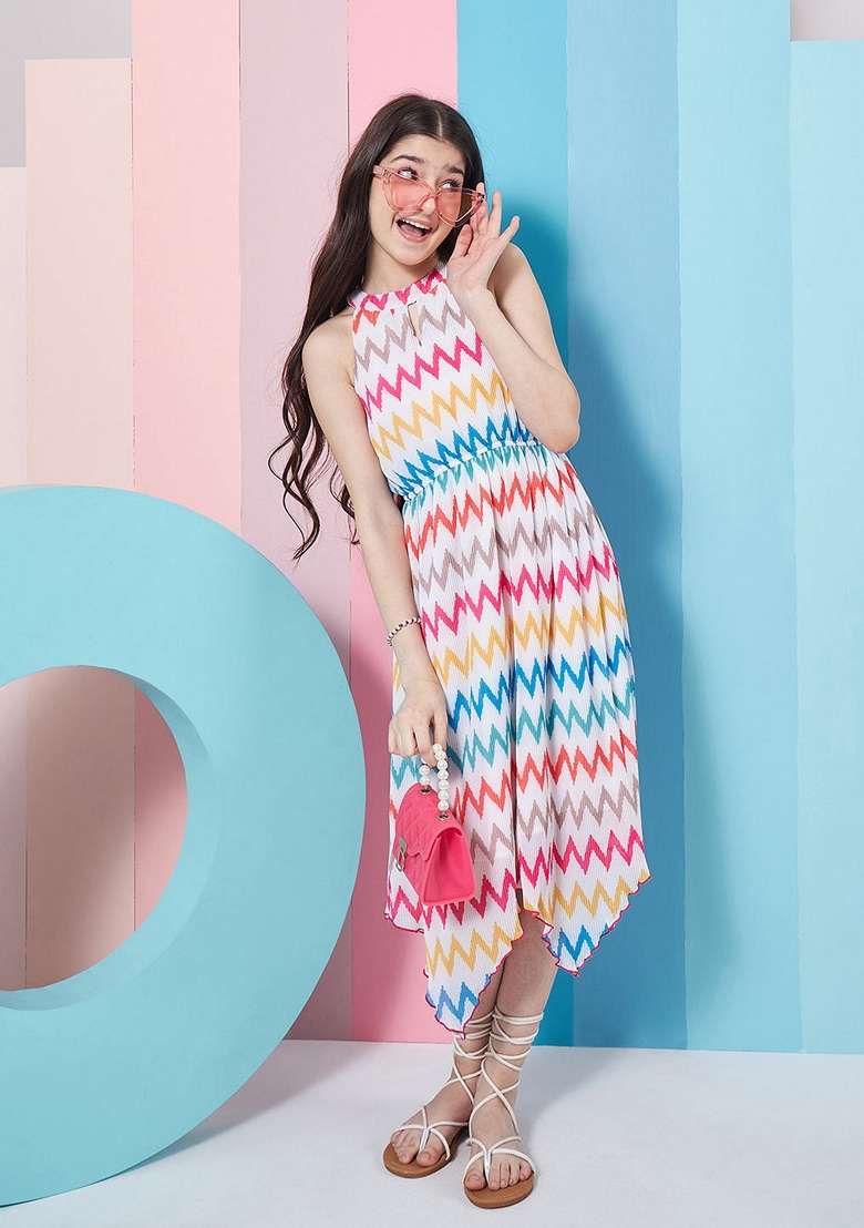 White Printed Georgette Dress - Indya