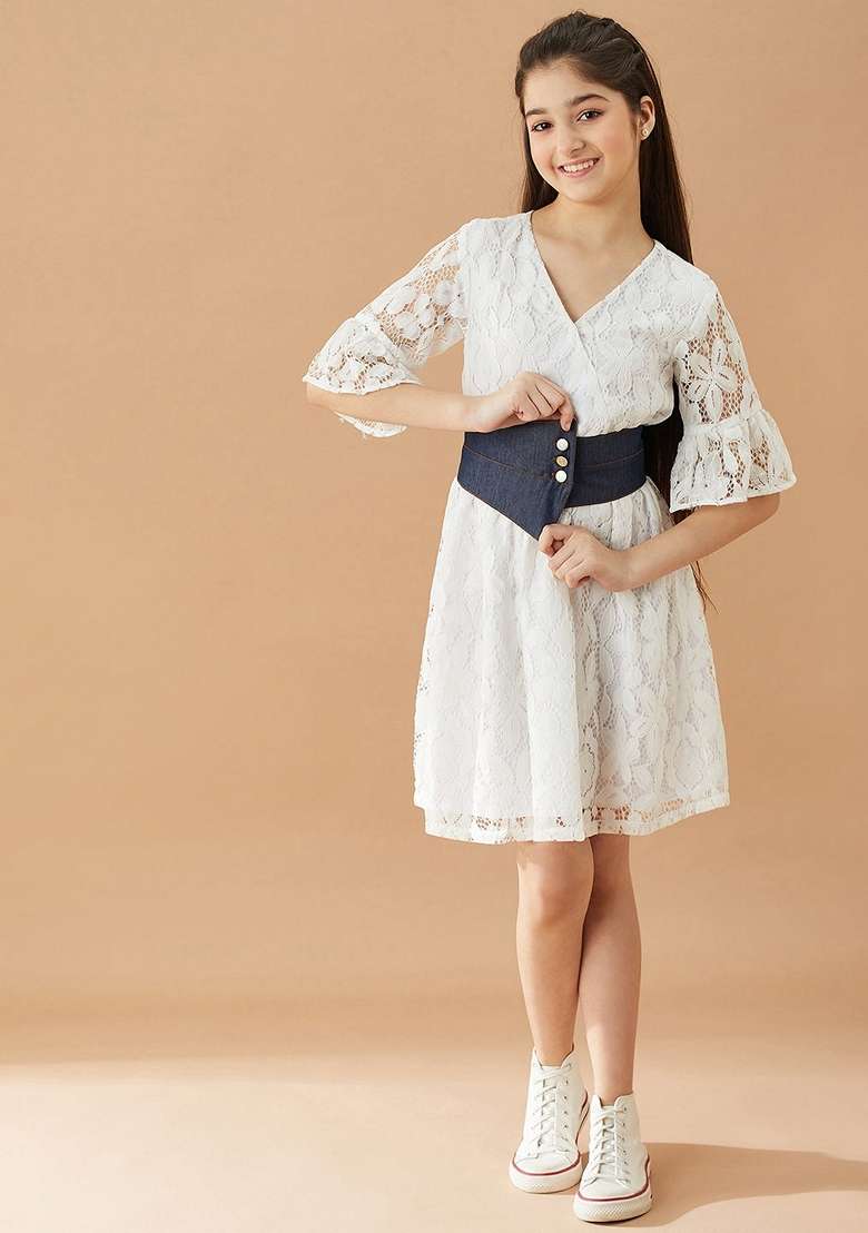 White Polyester Dress - Indya