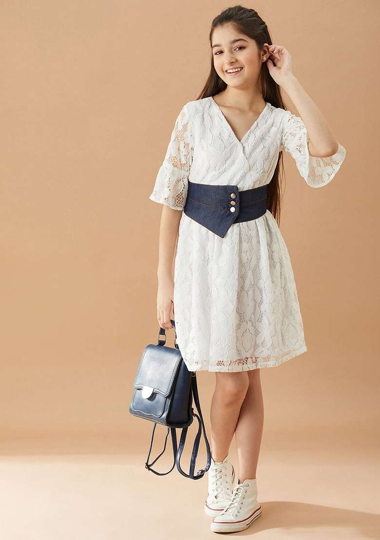 White Polyester Dress - Indya