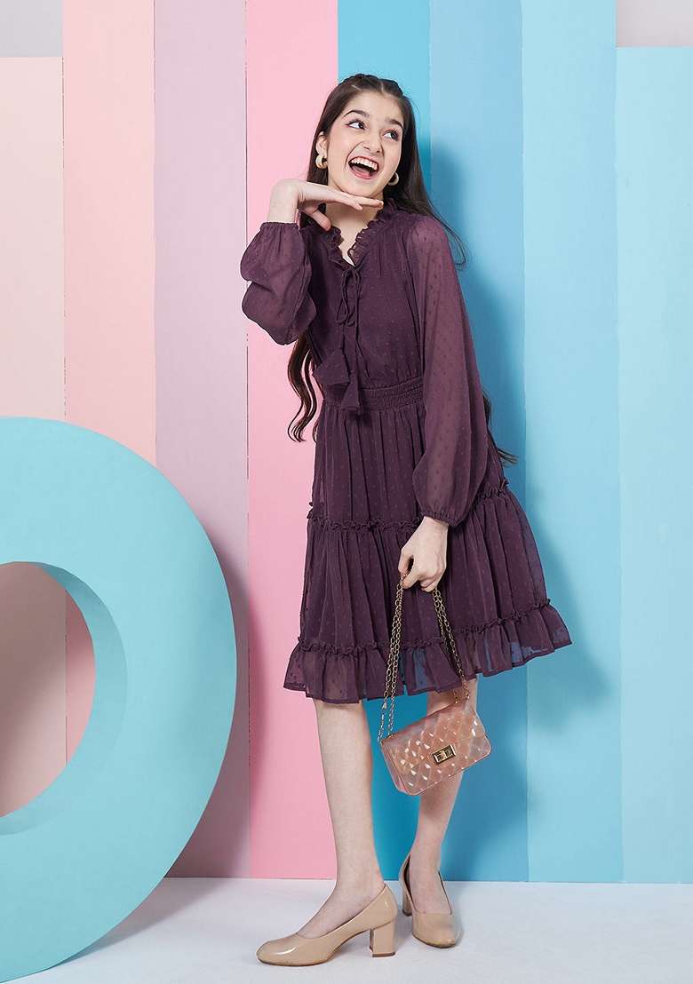 Wine Chiffon Dress - Indya