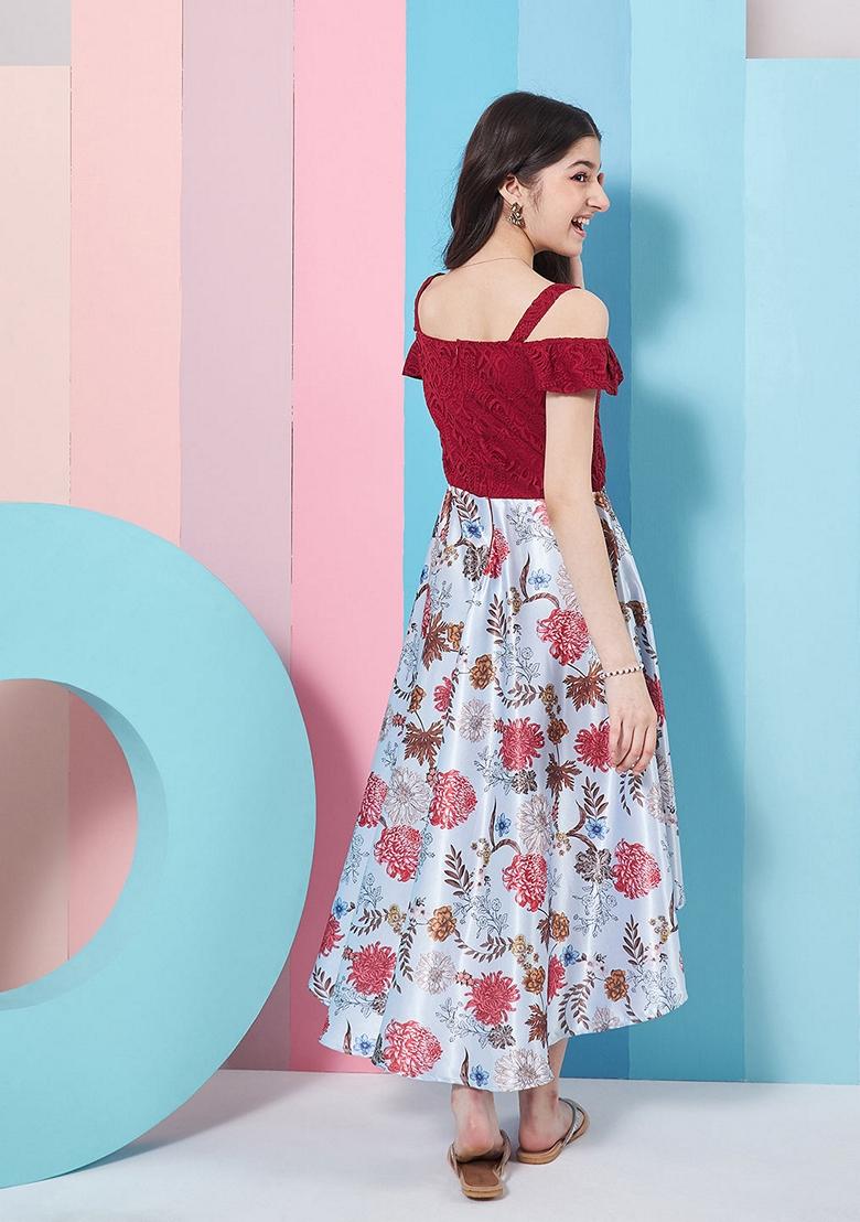 Wine Printed Satin Dress
