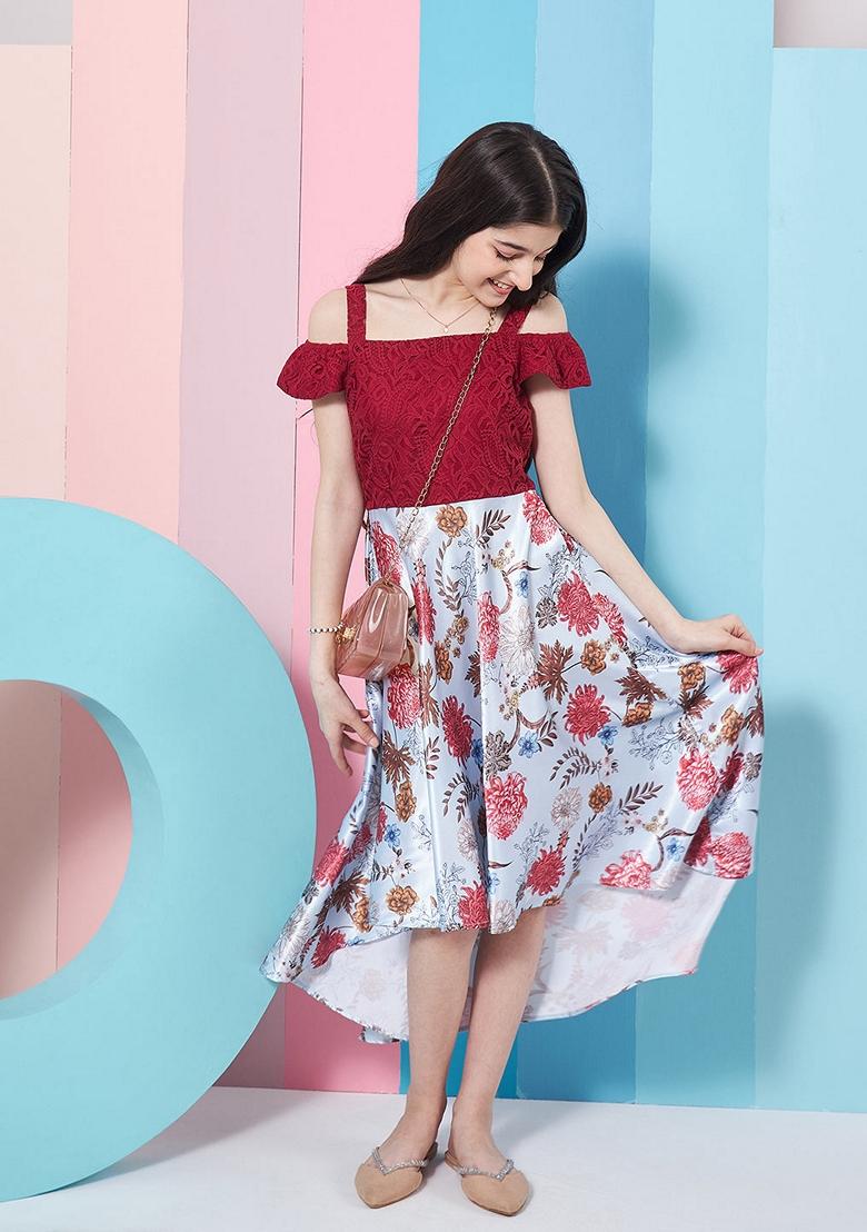 Wine Printed Satin Dress