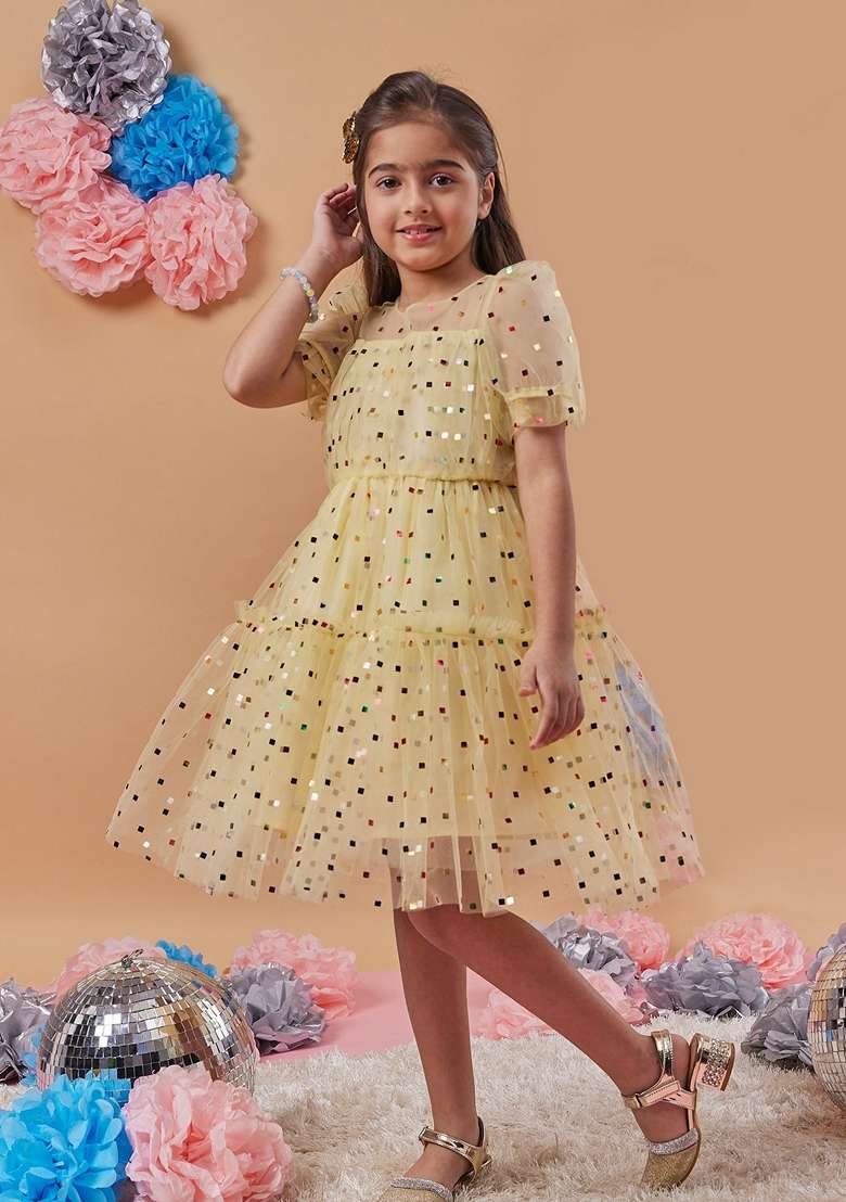 Yellow Embellished Net Dress - Indya