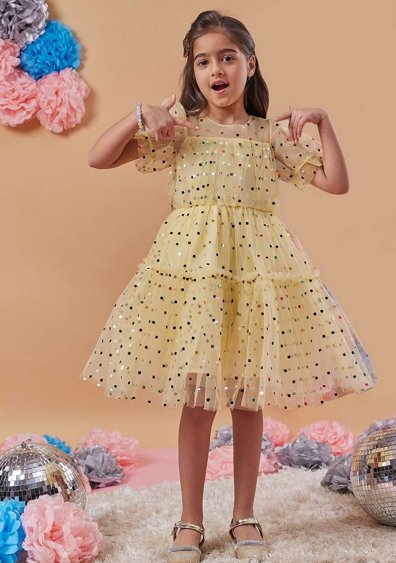 Yellow Embellished Net Dress - Indya