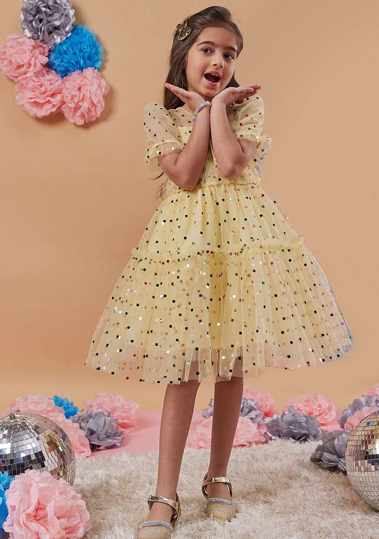 Yellow Embellished Net Dress - Indya